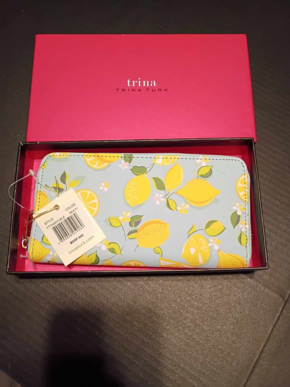 Trina Turk Lemon Print Zip Wallet - Yellow & Light Blue NWT